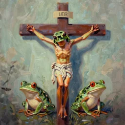 whimsical painting of a crucified frog, digital art, 8 k, trending on artstation