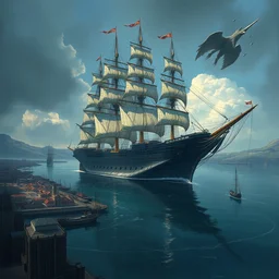 a beautiful painting of a solo monstrous sail ship anchored at harbor, by craig mullins, by federic edwin church, by brom, by ghibli, trending on artstation, beastly, predator, organic, masterpiece, hyper detailed, prismatic, intricate, multiple angles, unreal engine, 4 k
