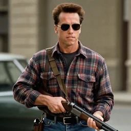 film still of Arnold Schwarzenegger as Nada wearing a flannel shirt and sunglasses and holding a shotgun with a bandolier in Bank scene in They Live 1988