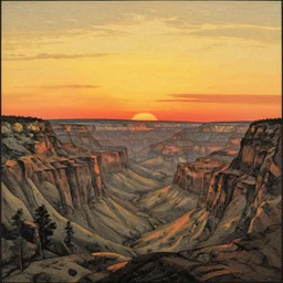 beautiful rotogravure drawing of large mountains and canyons in the sunset, by gustave dore