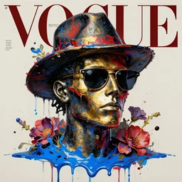 a head made out of melting metal, it is of black and golden and red color, it is wearing sunglasses and a hat, there are flowers all around it, blue paint melting, vogue cover style, greg rutkowski style, demonic style, impasto style, splash and drip style, artgerm style, basquiat style