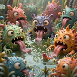intricate colourful murky pond with strange cute friendly big angry crazy creatures with huge eyes long tongue triangle teeth and scary face appearing from the water, in the style of craola, macro lens, shallow depth of field, highly detailed, digital painting, trending artstation, concept art, illustration, cinematic lighting, vibrant colors, photorealism, epic, octane render