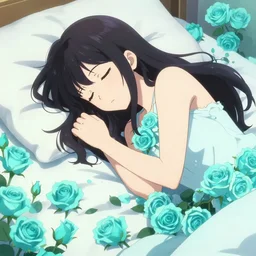 full color anime woman resting in a bed of cyan roses.