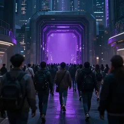 a crowd of people walking to a purple portal in a futuristic city, cinematic shot, cinematic lighting