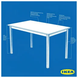 blueprint for a ikea table, technical drawing with annotations and notes in the margins in the style of an ikea manual