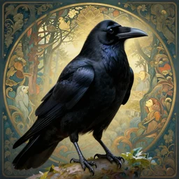 beautiful dominant black raven bird, intricate, forest, exquisite asanoha pattern background, highly detailed, digital painting, trending on artstation, concept art, smooth, sharp focus, backlit, rim light, vivid colors, illustration, unreal engine 5, 8 k, art by rossdraws and alphonse mucha