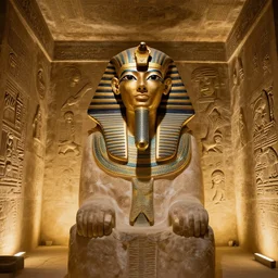 gaming pharoah in a tomb, looking in camera, wide shot, by beksinski, giger, greg rutkowski, ultra realistic