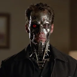 uncle jesse from full house, he looks like a terminator, metal on his face, one red eye, movie still, from the movie terminator, 8 k, cinematic lighting