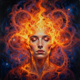 portrait of a person psychedelic fractal soul on fire deep space galaxy fibonacci lateralus within award winning painting by alex grey symmetrical