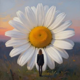 giant daisy flower head, standing, a girl in a suit, surreal photography, sunrise, dramatic light, impressionist painting, digital painting, artstation, simon stalenhag