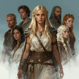 portrait of female druid by atey ghailan, by greg rutkowski, by greg tocchini, by james gilleard, by joe fenton, by kaethe butcher, digital art, trending on artstation, highly detailed, concept art, dynamic lighting, gradient light blue, brown, blonde cream and white color scheme, grunge aesthetic