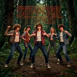 Stranger Things cast dancing in a forest, 8k UHD, high quality, studio photo,