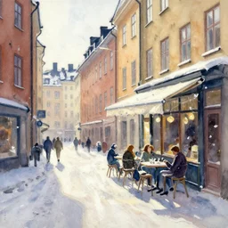 abstract watercolor painting of stockholm street, magic diamond crystal winter, traditional, cinematic light, cafe, sharp shadows, daylight, national romanticism by anders zorn, by greg rutkowski, by greg manchess