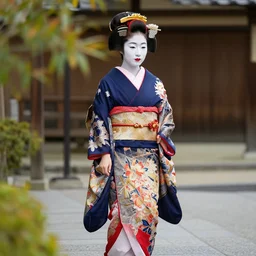 gorgeous Japanese geisha, white makeup, red lips, kimono, full body, kyoto, high detail,
