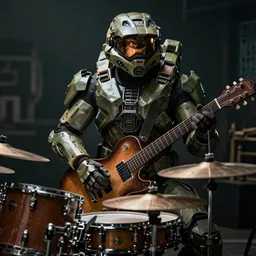 master chief from the halo series struggling to play guitar and drums at the same time