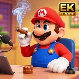 Mario 64 on a podcast smoking a cigar, 4k