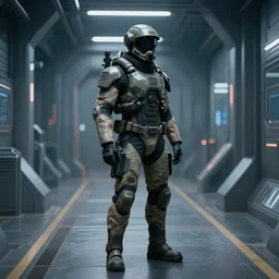 futuristic soldier, in a futuristic hallway