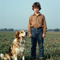 7 0 s film still from a horror movie starring a boy and a dog, kodachrome, cinecolor, cinestill, film grain, film texture, retro, cinematic, high resolution, photorealism,