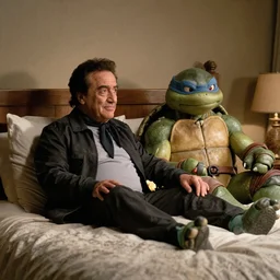 Danny DeVito and A ninja turtle in bed, cinematic, studio light, 8K,