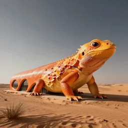 archdaily architectural photography of a fun long building that looks like an orange and yellow lizard in the middle of a desert, architecture in the shape of a varanus caspius monitor lizard, lizard skin textured facade, designed by zaha hadid