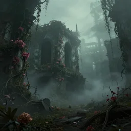 an apocalyptic ruins, flowery, vines, foggy, eerie, scary, digital art