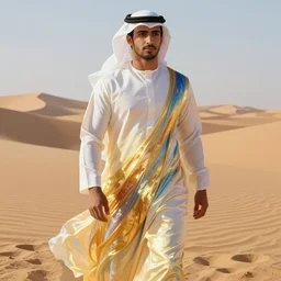 full figure beautiful young fit arabic dark man, dressed with multicolored fluent clothes, luminous scene, by greg rutkowski and alphonse mucha, d & d character, gradient white to gold, in front of a dune desert background, highly detailed portrait, digital painting, artstation, concept art, smooth, sharp focus illustration, artstation hq