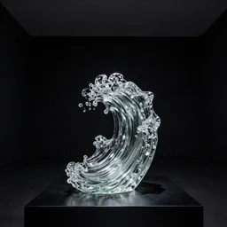 a glass statue made of waves displayed in an empty black room
