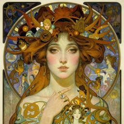 realistic detailed face portrait of a beautiful young otherworldly ethereal alien geisha by alphonse mucha, ayami kojima, amano, charlie bowater, karol bak, greg hildebrandt, jean delville, and mark brooks, art nouveau, neogothic, gothic, rich deep moody colors, celestial, surreal majestic dreamscape, character concept design
