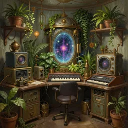 very tidy steampunk home office overseeing a magical portal, lush plants, machines, synthesizer, beautifully lit, very detailed painting, hyperrealism, trending on artstation