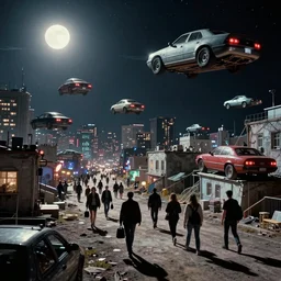 people are going back from work in a Russian cyberpunk slum city called Neo Norilsk on the Moon, at night, lots of flying cars, diverse, lively, black sky full of stars, blinding sun, sci-fi, lots of flying cars, levitation, cyberpunk outfits, photorealistic, grainy, 35mm, intricate, very very beautiful, elegant, smooth, cinematic, Unreal Engine 5, by Beeple, trending on Artstation HD