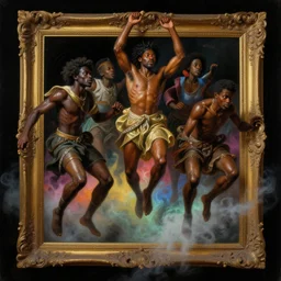a baroque neoclassicist close - up painting of black people jumping out of picture frames. reflective detailed textures. glowing colorful fog, black background. highly detailed fantasy science fiction painting by moebius, norman rockwell, frank frazetta, and syd mead. rich colors, high contrast. artstation