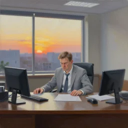 a boss man looking angry at desk, sunset, detailed oil painting, pale, inside an office, wide shot,