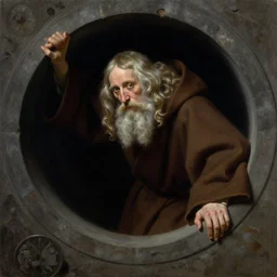 detailed and oil painting, hyper realistic | cinematic lighting, award - winning | the robed hermit leans into the black abyss, top view | by leyendecker, by norman rockwell, by godward | trending on artstation, cgsociety, official art, octane, digital painting.