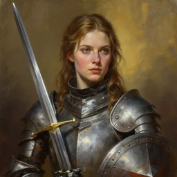 greg manchess oil matte portrait painting, american female knight with beautiful face, sword and shield, wonderful masterpiece highly detailed, scifi, beautiful cinematic light deep focus, elegant, digital painting, smooth, sharp focus, golden ratio, dramatic illumination, ultra realistic, 4 k, art by greg rutkowski wlop rossdraws