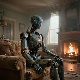 A closeup portrait of a lone solitary cerulean and brown decaying futuristic robot seated on a torn couch facing a cozy fire in a beautiful fireplace in a dusty Victorian home, soft morning light seeping in a window, with cinematic lighting and lens flare, tall ceiling, octane render, by Simon Stalenhag and Alfonso Cuaron, award-winning highly detailed 8k anamorphic closeup tight cinematic movie photograph