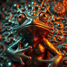 pepe the frog, religious art, metallic colors, fractals, deepdream, acid, trippy, oxidized copper, led light, highly detailed and intricate, psychedelic, sharp focus, unreal engine, trending on artstation, photorealistic, octane, trending on deviantart