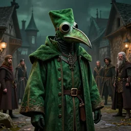 A fancy portrait of a green Plague Doctor with a beak like mask on in a medieval village by Greg Rutkowski, Sung Choi, Mitchell Mohrhauser, Maciej Kuciara, Johnson Ting, Maxim Verehin, Bloodborne, 8k photorealistic, volumetric lighting, HD, high details, dramatic, dark atmosphere, trending on artstation
