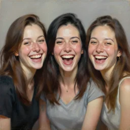 3 of the mist average women laughing at the camera, oil painting by michael whelan, caricature style, detailed, realistic