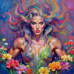 ultra detailed realistic colorful acrylic pour flow painting of a iridescent - haired female bodybuilder with striking eyes, girl in a bed of flowers, directed gaze, digital art by rhads, lisa frank, clint cearley, trending on artstation, psychedelic art, psychedelic, metaphysical, vibrant colors, mystical, digital illustration