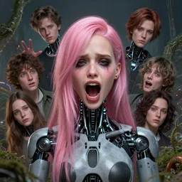 jealousy, altered carbon, highly detailed surreal vfx portrait of a robot android, young ana de armas, madison beer, pink hair, scream, stephen bliss, unreal engine, greg rutkowski, loish, rhads, beeple, makoto shinkai and lois van baarle, ilya kuvshinov, rossdraws, tom bagshaw, global illumination, detailed and intricate environment