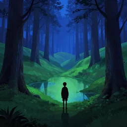 silhouette of a boy in a hilly green blue fantasy redwood forest with ponds at dusk. perspective landscape fantasy. high contrast, strong shadows. deep colorful soft gradients, rich blue tones. by norman rockwell and eyvind earle. artstation