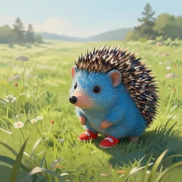 a cute blue hedgehog wearing a red shoes, beautiful grassland, early morning hours, long shadows, extremely detailed, fantasy painting, by jean - baptiste monge!!!!