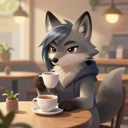 a cute anthropomorphic maned wolf girl having a nice cup of coffee at the quiet and cheery local place. league of legends splash art