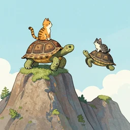 The tallest mountain was topped by a cat riding a gigantic turtle, and there was another cat riding a large turtle atop the mountain. By Greg Rutkowski