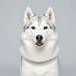 a white husky wearing a sweater, studio portrait, 8k