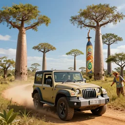 mahindra thar driving through madagascar with baobabs trees, artgerm and greg rutkowski and alphonse mucha, an epic fantasy, volumetric light, detailed, establishing shot, an epic fantasy, trending on art station, octane render, midsommar