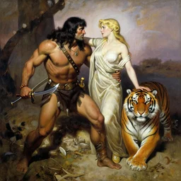 a painting of a barbarian and a lady and a tiger by frank frazetta