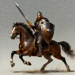 epic bearded war commander holding two gigantic sword and wearing shield riding a running horse. highly detailed, digital painting, concept art, smooth, sharp focus, illustration, art by greg rutkowski