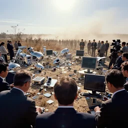 a first person view of a crowd of businessmen looking at computer elements, surrounded by debris of shiny pieces of futuristic high - tech contraptions, small and big pieces scattered around, dried vegetation, heatwave, blinding sun, dust storm in the horizon, reporter, live footage, canon 3 5 mm lens, ektachrome color photo