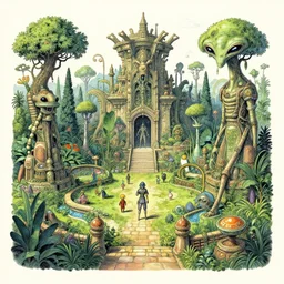 a detailed concept art of an ancient garden of aliens, by moebius, by beeple